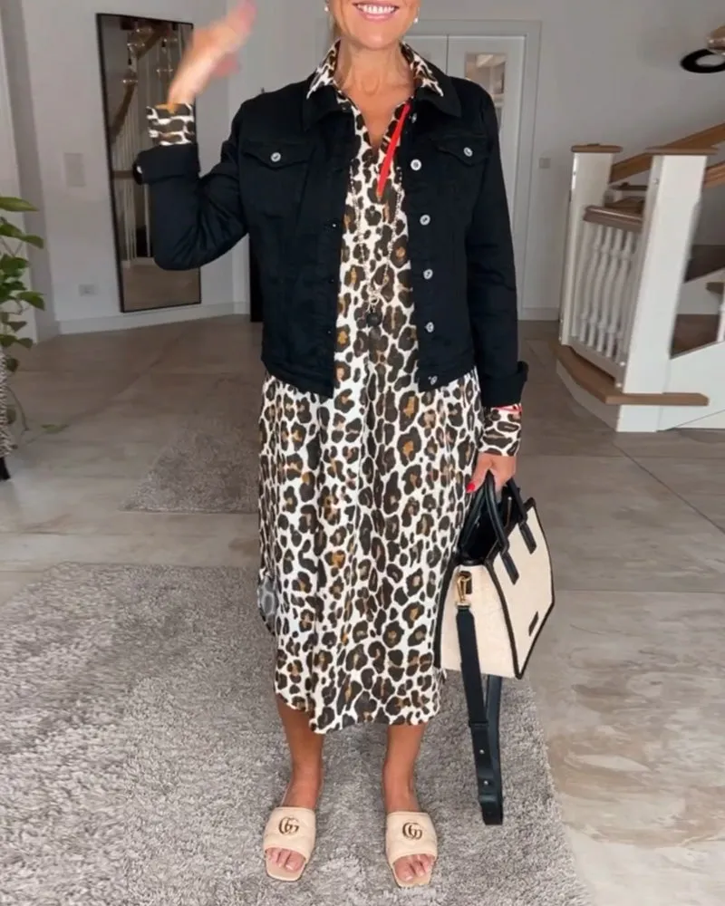 Langarmkleid mit Leopardenmuster